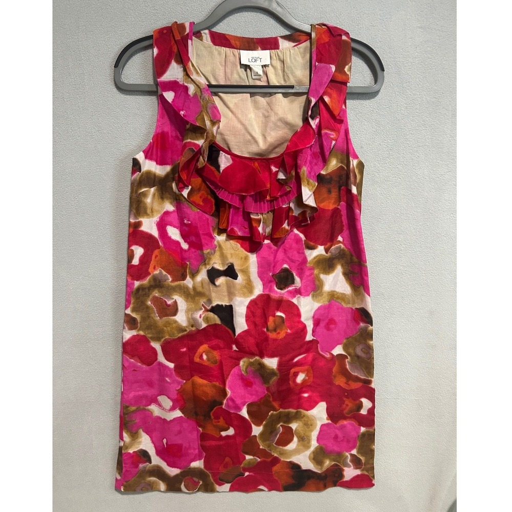 Ann Taylor LOFT Floral Mini Dress Womens Small Pink Red Silk Blend Ruffle Spring